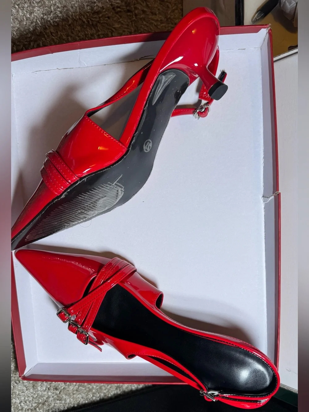 Red Patent Pointed-Toe Slingback Flats with Buckle Straps